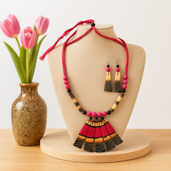 Pink & Black Beaded Fan Pendant Necklace