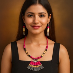 Pink & Black Beaded Fan Pendant Necklace