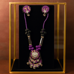 Purple & Black Fabric Necklace with Matching Earrings