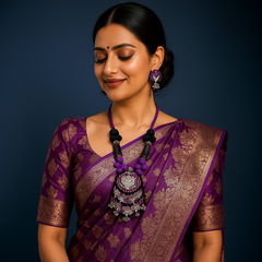 Purple & Black Fabric Necklace with Matching Earrings