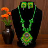 Green & Yellow Fabric Necklace Set with Floral Silver Motif