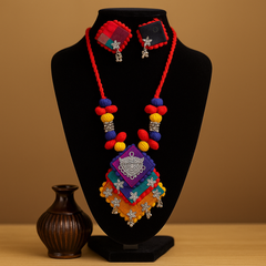 Multicolor Fabric Necklace with Matching Earrings