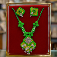 Green & Yellow Fabric Necklace Set with Floral Silver Motif