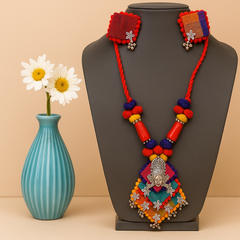 Multicolor Fabric Necklace Set with Goddess Motif
