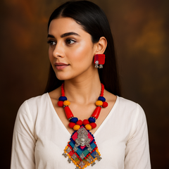 Multicolor Fabric Necklace Set with Goddess Motif