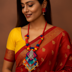 Multicolor Fabric Necklace Set with Goddess Motif