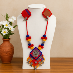 Multicolor Fabric Necklace Set with Floral Oxidized Charm