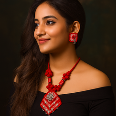 Red & Silver Handmade Thread Necklace Set with Square Pendant