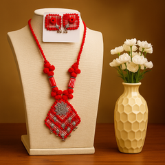 Red & Silver Handmade Thread Necklace Set with Square Pendant