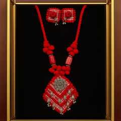 Red & Silver Handmade Thread Necklace Set with Square Pendant