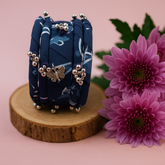 Navy Blue Fabric Wrapped Bangle Set with Butterfly Charm