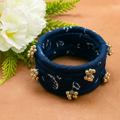 Navy Blue Fabric Wrapped Bangle Set with Butterfly Charm