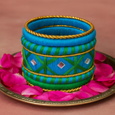 Royal Blue & Green Thread Bangle Set with Golden Detailing