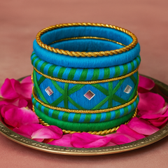 Royal Blue & Green Thread Bangle Set with Golden Detailing