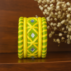 Sunshine Yellow & Green Silk Thread Bangle Set with Mirror Work