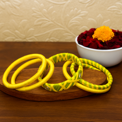 Sunshine Yellow & Green Silk Thread Bangle Set with Mirror Work