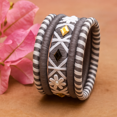 Elegant Grey & White Silk Thread Bangle Set with Mirror Work
