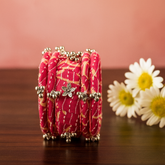 Traditional Pink Bandhani Fabric Bangles with Golden Beads