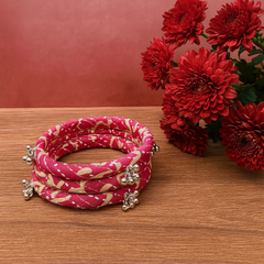Traditional Pink Bandhani Fabric Bangles with Golden Beads