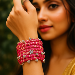 Traditional Pink Bandhani Fabric Bangles with Golden Beads