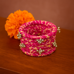 Traditional Pink Bandhani Fabric Bangles with Golden Beads