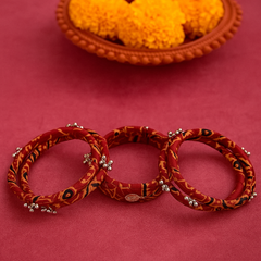 Traditional Red Bandhani Fabric Kada with Silver Beads & Coin Charm