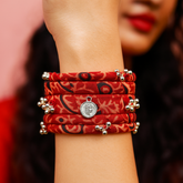 Traditional Red Bandhani Fabric Kada with Silver Beads & Coin Charm