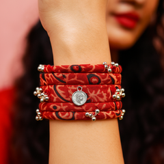 Traditional Red Bandhani Fabric Kada with Silver Beads & Coin Charm