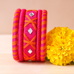 Pink & Orange Silk Thread Kada Set with Mirror Work