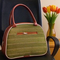 Elegant Green Handloom Tote Bag with Faux Leather