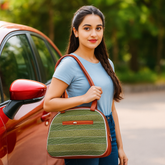 Elegant Green Handloom Tote Bag with Faux Leather