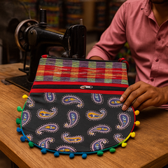 Multicolor Handloom Round Tote Bag with Pom-Pom Border