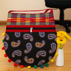 Multicolor Handloom Round Tote Bag with Pom-Pom Border