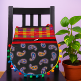 Multicolor Handloom Round Tote Bag with Pom-Pom Border