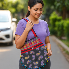 Multicolor Handloom Round Tote Bag with Pom-Pom Border