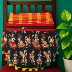Traditional Embroidered Handloom Tote Bag with Pom-Pom Border