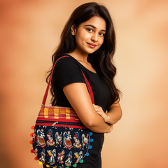Traditional Embroidered Handloom Tote Bag with Pom-Pom Border