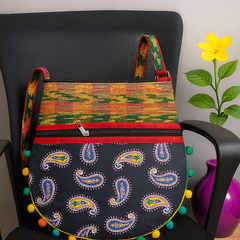 Multicolor Handloom Shoulder Bag with Paisley Design & Pom-Pom Border