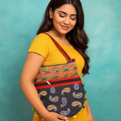Multicolor Handloom Shoulder Bag with Paisley Design & Pom-Pom Border