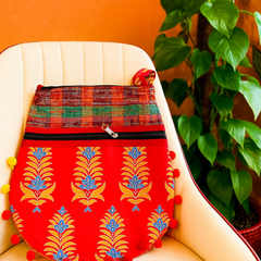 Red Embroidered Shoulder Bag with Multicolor Handloom Strap & Pom-Pom Border