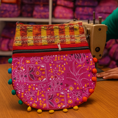 Pink Patchwork Shoulder Bag with Multicolor Handloom Strap & Pom-Pom Border