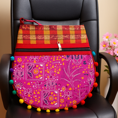 Pink Patchwork Shoulder Bag with Multicolor Handloom Strap & Pom-Pom Border