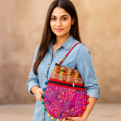 Pink Patchwork Shoulder Bag with Multicolor Handloom Strap & Pom-Pom Border