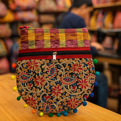Black Floral Embroidered Shoulder Bag with Multicolor Pom-Poms & Handloom Strap