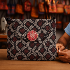 Maroon & Black Handloom Block Print Shoulder Bag with Round Patch