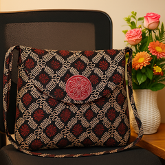 Maroon & Black Handloom Block Print Shoulder Bag with Round Patch