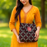 Maroon & Black Handloom Block Print Shoulder Bag with Round Patch