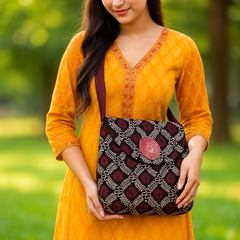 Maroon & Black Handloom Block Print Shoulder Bag with Round Patch