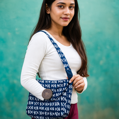 Navy Blue Handblock Sling Bag with Round Patch