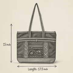 Stylish Navy Blue Handbag with Ethnic Pattern and Grey Highlights